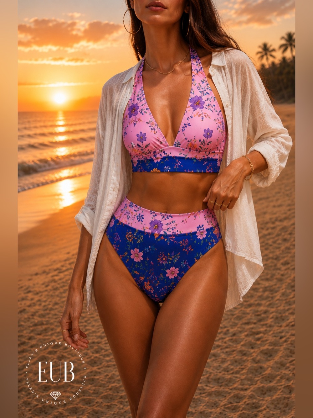 Cupshe Wild Day Flower Colorblock High-Rise Bikini Bottoms Size Medium